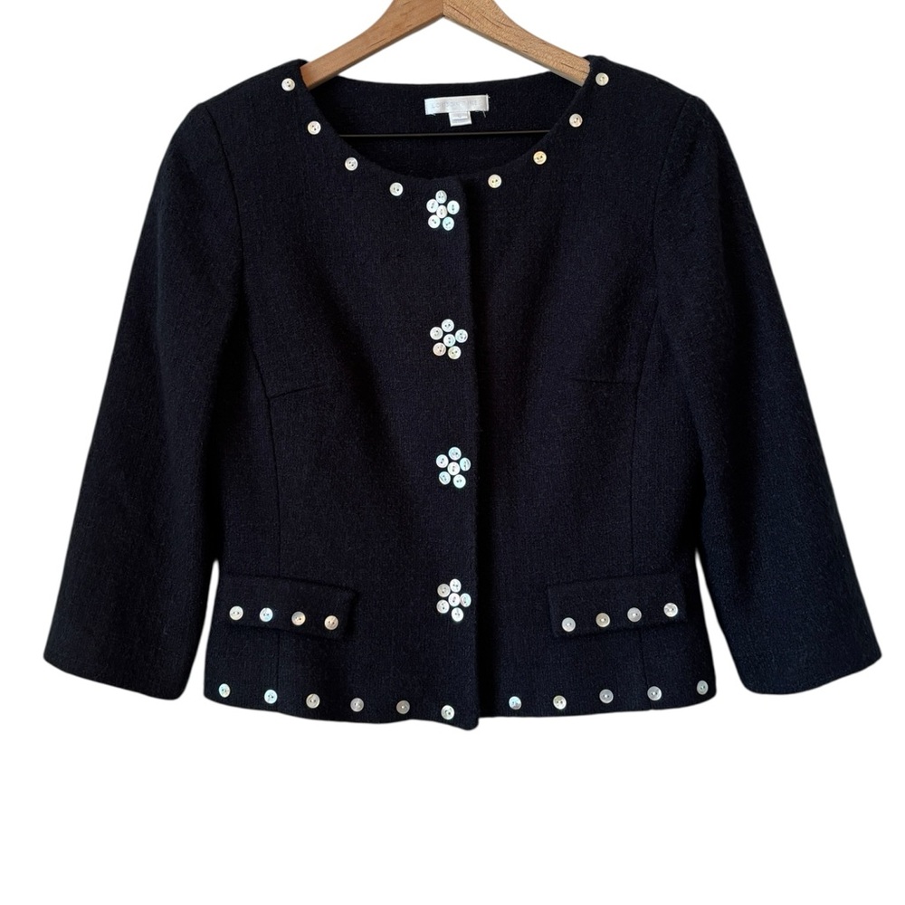 London Times Tweed Mother of Pearl Button Crop Jacket Blazer Sz 6 Black Business - Picture 13 of 13